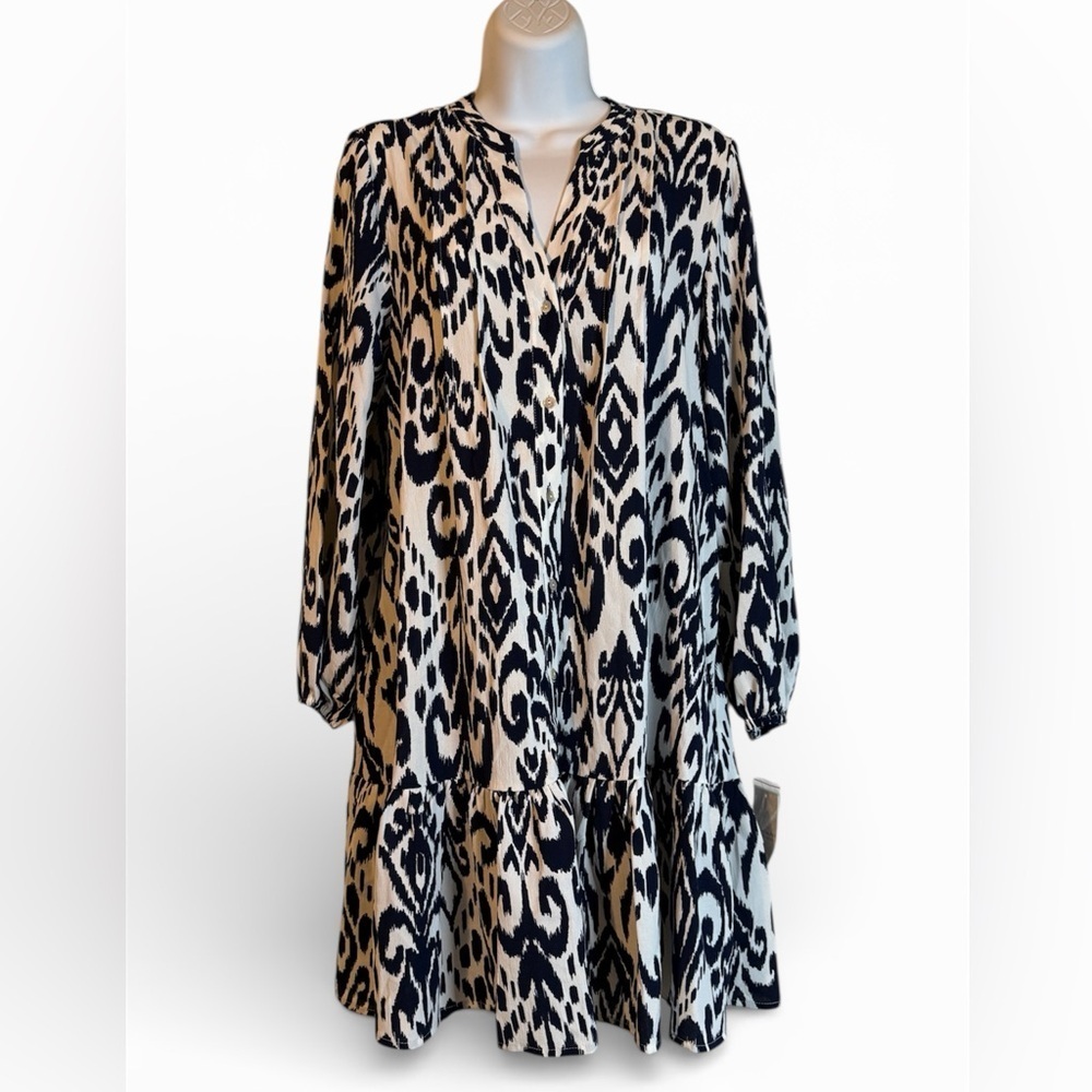 Tahari Black and Cream Long Sleeve Abstract Print Dress Midi New